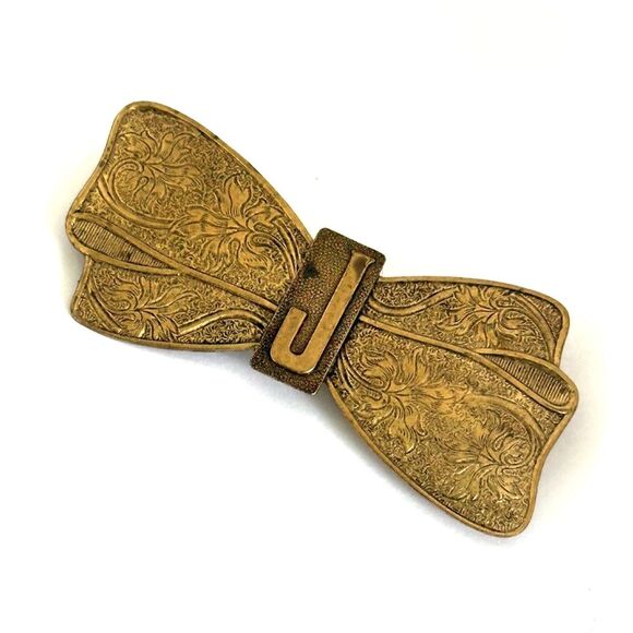 Art Deco Style Gold Tone Bow Brooch Initial J - Picture 1 of 5